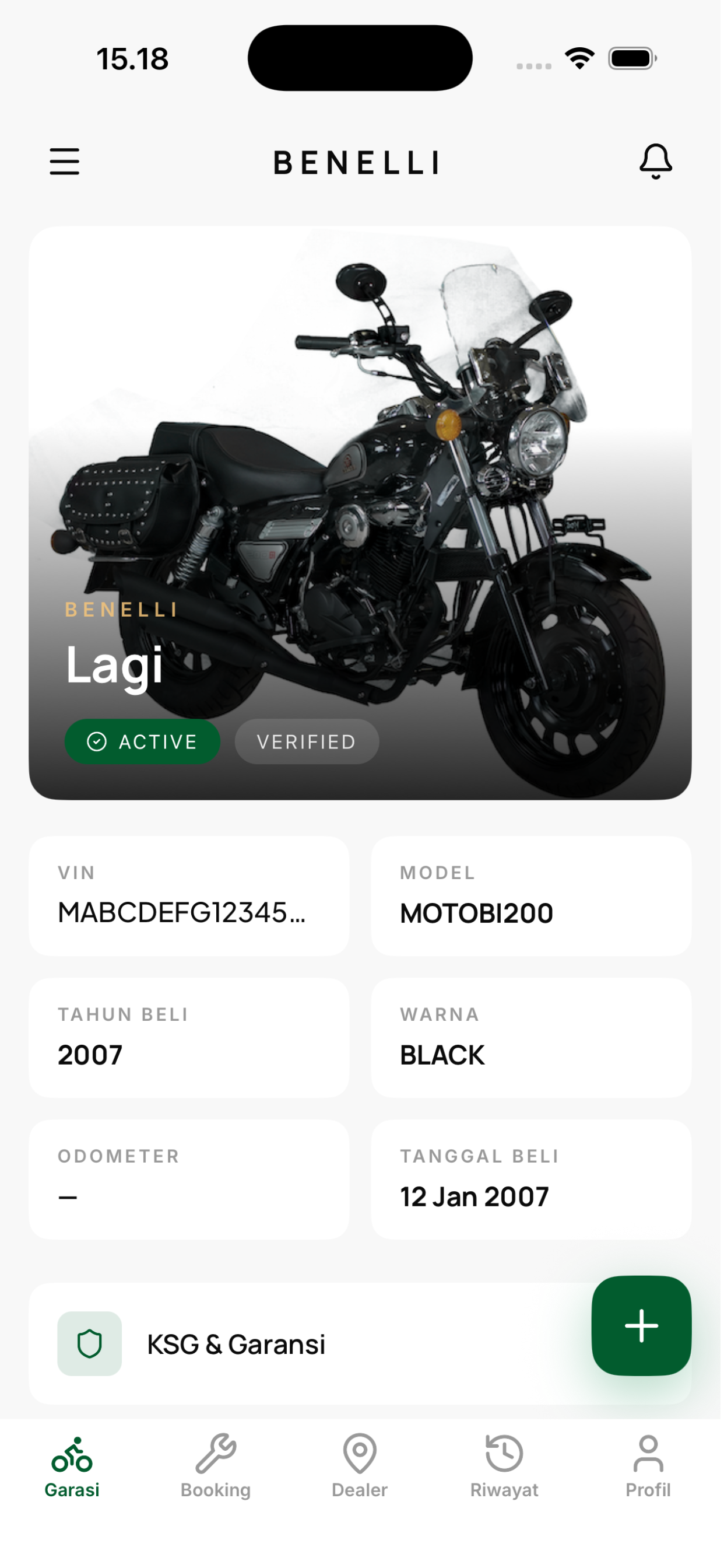 Tampilan garasi digital di aplikasi Moto4U