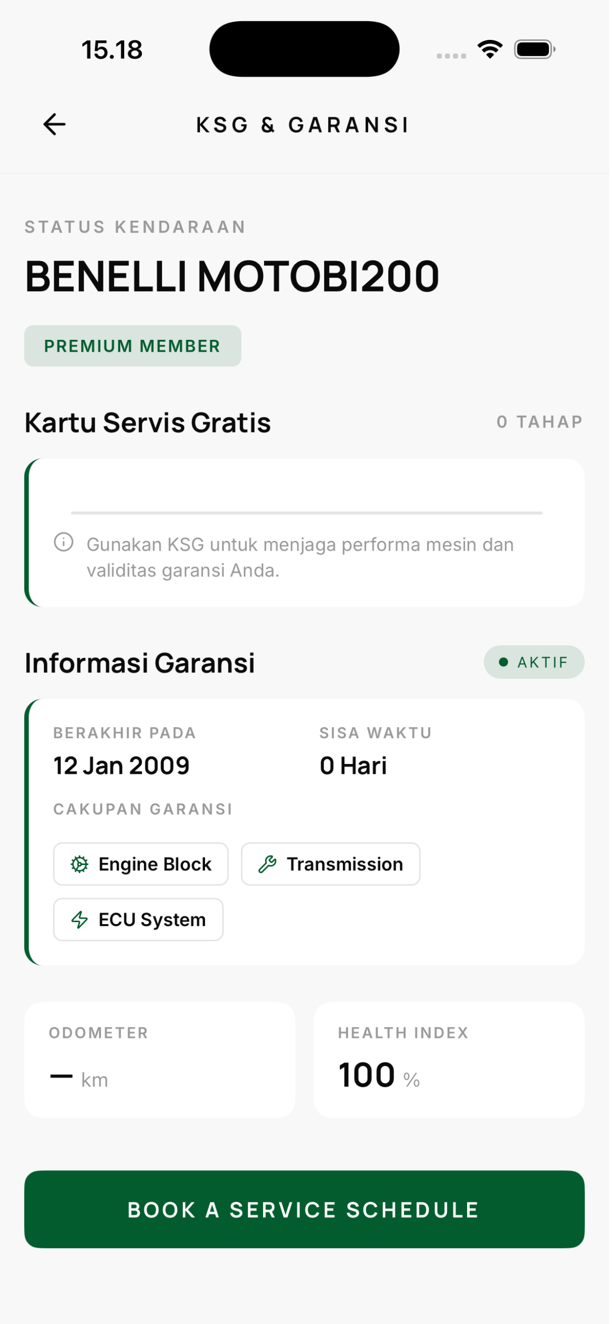 Tampilan garasi digital di aplikasi Moto4U