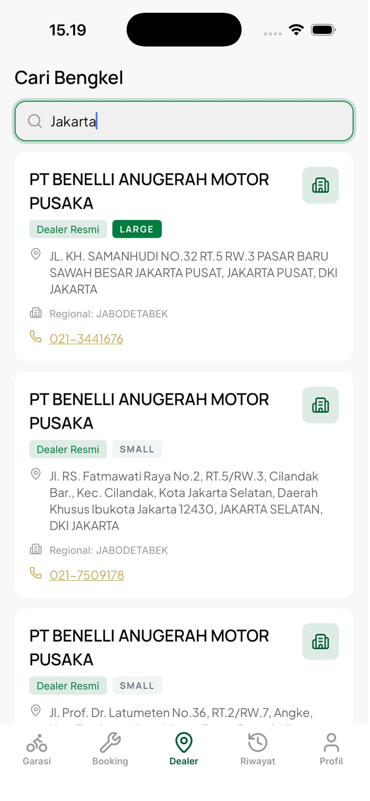 Tampilan garasi digital di aplikasi Moto4U